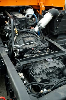 Engine mounted on a truck mounted on a truck.