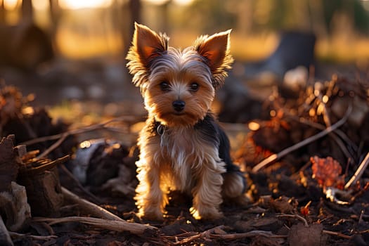 Yorkshire terrier puppy. close-up portrait, against the background of nature. Ai generative art