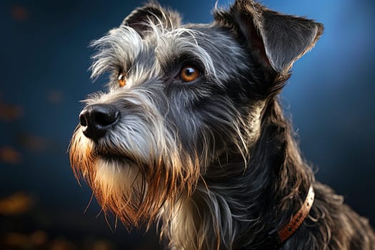 Zwergschnauzer dog on a blue background. Close up portrait. Ai generative art