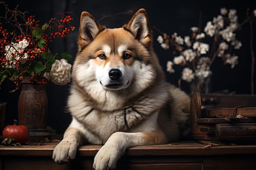 portrait of an American akita on a dark background, natural light, studio background, close up, cropped photo. Ai generative art