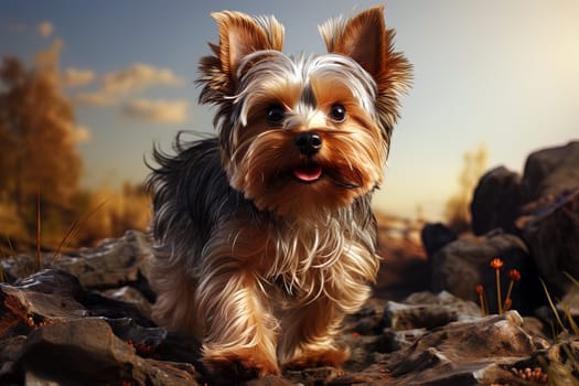 Yorkshire terrier puppy. close-up portrait, against the background of nature. Ai generative art