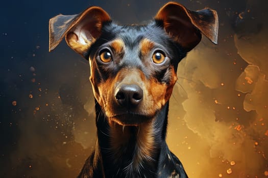 Zwergpinscher poppy on a black and yellow abstract background. Close up portrait. Ai generative art