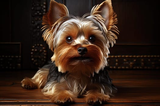 Yorkshire terrier puppy. close-up portrait, against the background of nature. Ai generative art