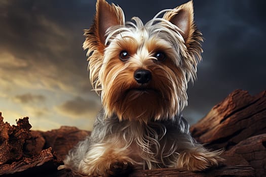 Yorkshire terrier puppy. close-up portrait, against the background of nature. Ai generative art