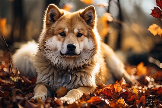 portrait of a cute American akita dog lying on autumn foliage, natural light, outdoors, warm filter, ai generative art
