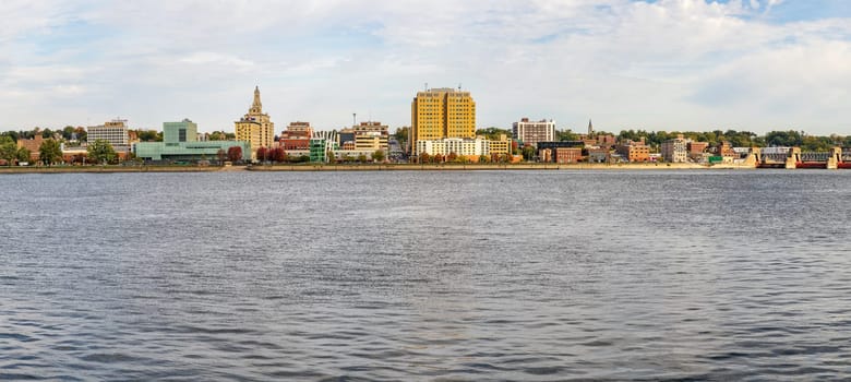 Davenport, IA - 18 October 2023: Panorama of downtown Davenport with Figge Art Museum along Mississippi River in Iowa