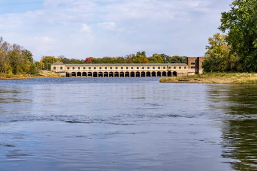 Dam across River Mississippi with to Rock Island from Sylvan Island in Illinois across from Davenport Iowa