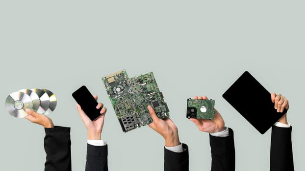 Panoramic banner hand holding electronic waste on isolated background. Eco-business recycle waste policy in corporate responsibility. Reuse, reduce and recycle for sustainability environment. Quaint