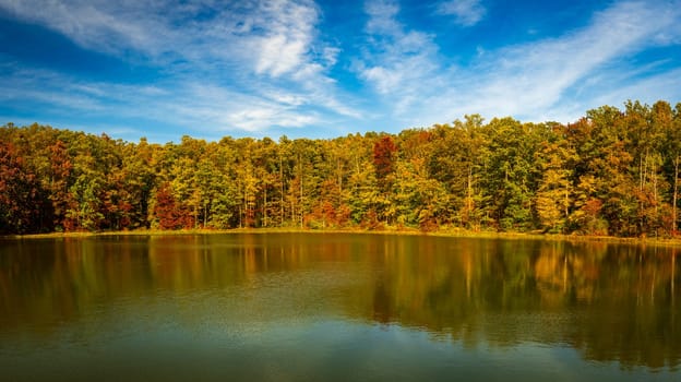 Changing leaves in autumn reflected in calm reservoir in Coopers Rock State Forest near Morgantown, WV