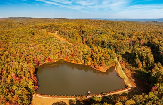 Aerial view of the changing leaves in autumn around the calm reservoir in Coopers Rock State Forest near Morgantown, West Virginia