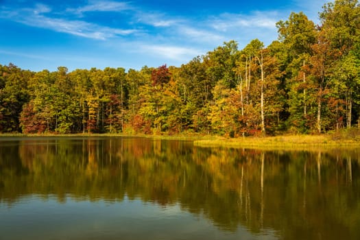 Changing leaves in autumn reflected in calm reservoir in Coopers Rock State Forest near Morgantown, WV