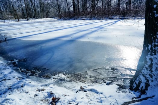 Winter is a frozen river on a sunny day. Good fishing spot