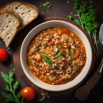 Farro soup a Lazio traditional dish. A hearty and thick soup made with spelt, vegetables. Hearty comfort meal. Italian winter warmer