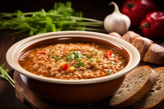 Farro soup a Lazio traditional dish. A hearty and thick soup made with spelt, vegetables. Hearty comfort meal. Italian winter warmer