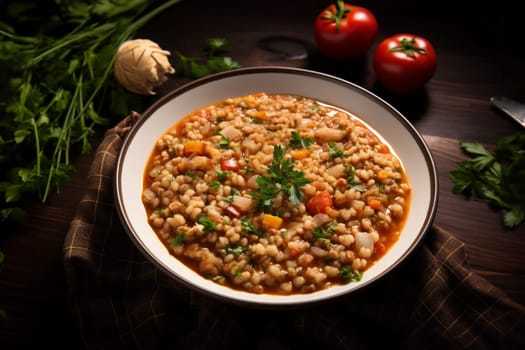 Farro soup a Lazio traditional dish. A hearty and thick soup made with spelt, vegetables. Hearty comfort meal. Italian winter warmer