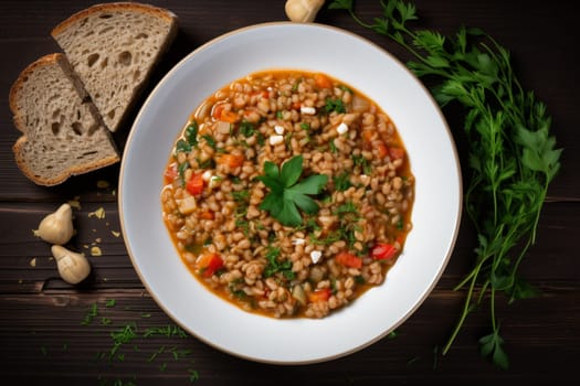 Farro soup a Lazio traditional dish. A hearty and thick soup made with spelt, vegetables. Hearty comfort meal. Italian winter warmer