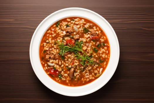 Farro soup a Lazio traditional dish. A hearty and thick soup made with spelt, vegetables. Hearty comfort meal. Italian winter warmer