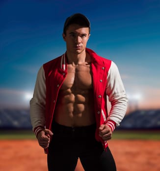 A man in a baseball uniform posing for a picture. Muscular Man in Baseball Uniform Striking a Pose for the Camera