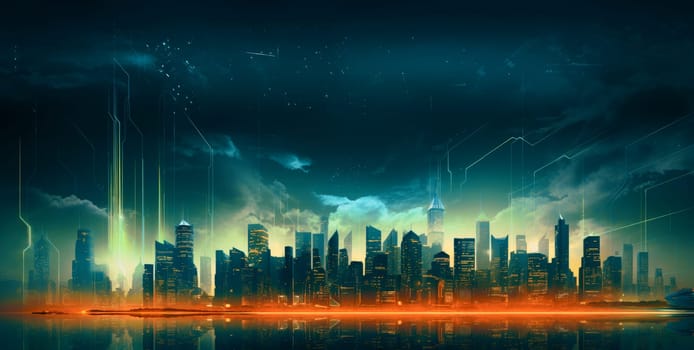 Abstract futuristic night city, Concept for IOT, smart city, speed connection and taintless advanced communication network.