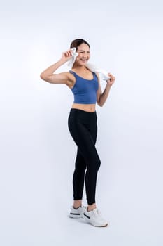 Full body asian woman in sportswear portrait, smiling and posing cheerful gesture. Workout training with attractive girl engage in her pursuit of healthy lifestyle. Isolated background Vigorous