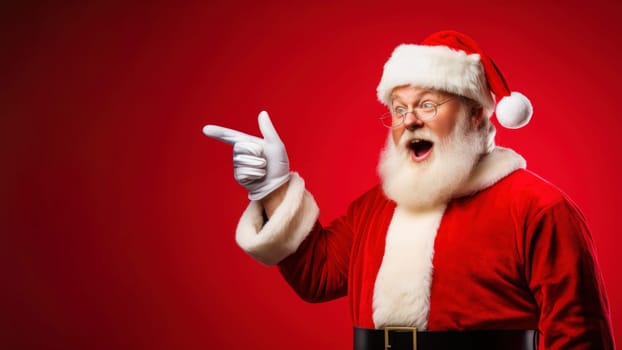 Santa Claus points his finger at an empty space to advertise a Christmas promotion, a New Year's Eve Christmas discount on a red background