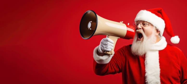 Santa Claus with megaphone on red background. Announcement or advertising of Christmas sales, announcement of winners.