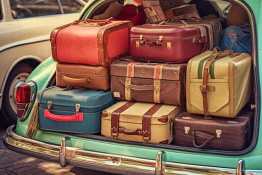 Retro car with luggage in trunk. Suitcases and bags in trunk of car ready to depart for holidays. Travel, vacation concept