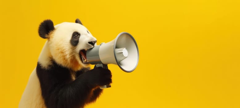 Panda with loudspeaker on yellow background.