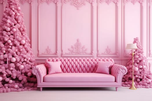 Christmas background with Christmas tree, gifts and sofa in pink colors. Mock up. Christmas card