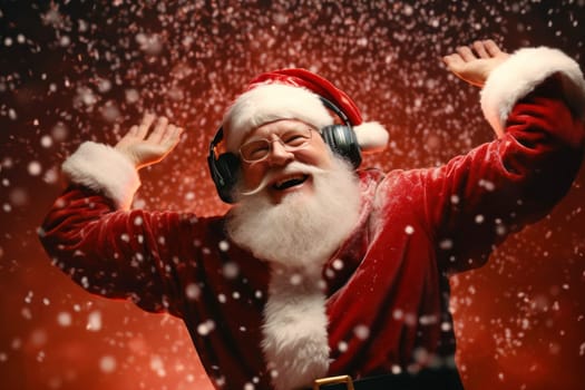 Happy jolly Santa Claus wearing headphones dancing on red background with confetti