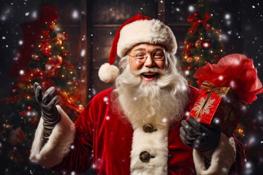 Cheerful Santa Claus with gift boxes on Christmas background. Christmas and New Year.