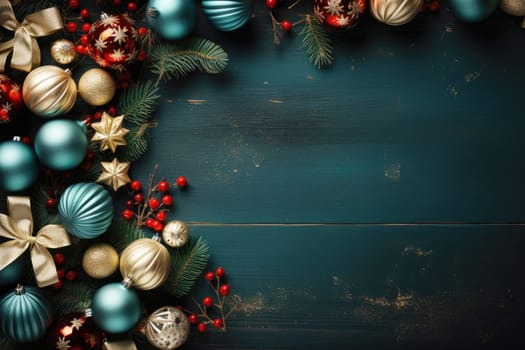 Christmas balls, presents, pine branches and cones on wooden background with copy space. Top view, flat lay