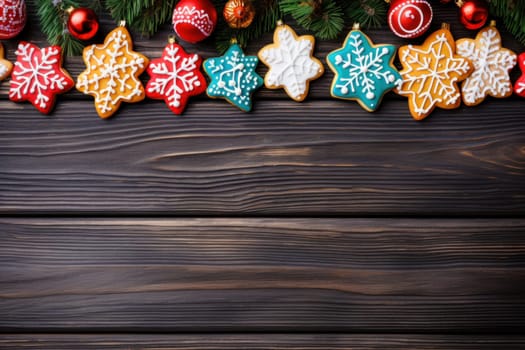Christmas cookies candies and pine branches on wooden background.