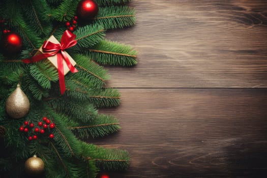Christmas balls, presents, pine branches and cones on wooden background with copy space. Top view, flat lay
