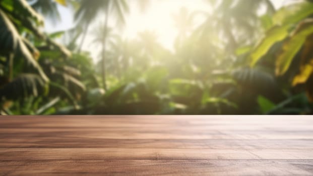 wooden table top against the background of tropical garden.