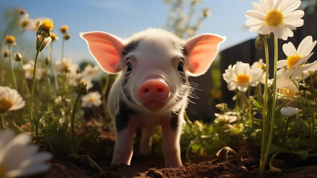 Little White Black Mini Pig, Little Pet Digging Soil On Backyard In Sunny Day Among Flowers. Taking Care Of Cute Piglet. Happy Baby Animal. AI Generated. Horizontal. High quality illustration