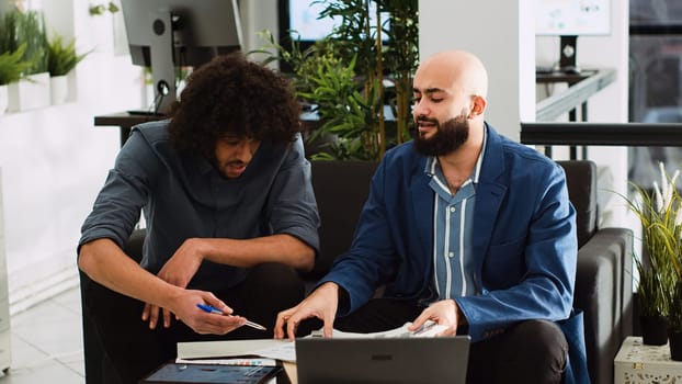 Violent ceo throwing papers at employee, being aggressive and screaming in coworking space. Manager feeling disappointed about new development strategy, small business failure.