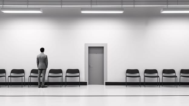 A lone figure stands in a monochromatic room, surrounded by empty chairs and walls, their presence blending into the furniture as they contemplate the emptiness of the hall and the weight of the ceiling above - generative AI