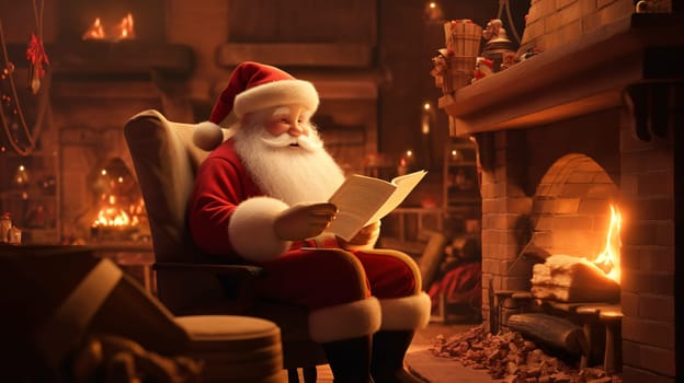 Santa Claus sits in a chair and reads a letter In a cozy room by a roaring fire - Christmas concept - AI Generative