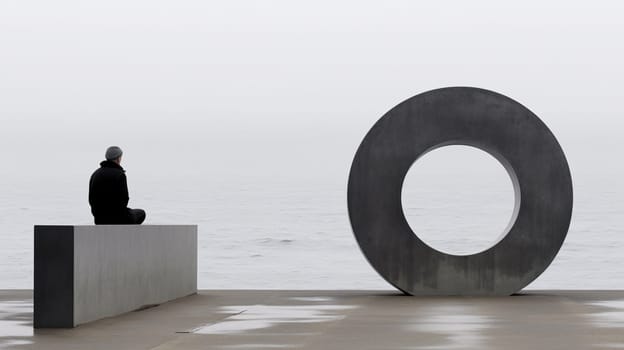 A man stands guard beside a weathered wall, its gaze fixed upon the rippling waters that flow freely beneath the open sky