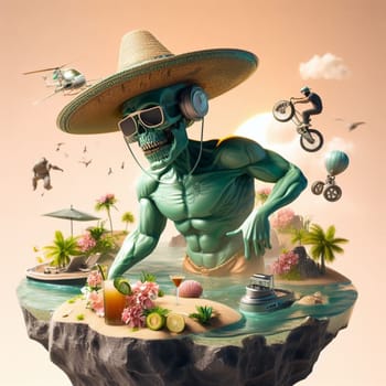 steampunk skater fashionable cool metallic deejay alien mariachi hosting party in tropical island generative ai art