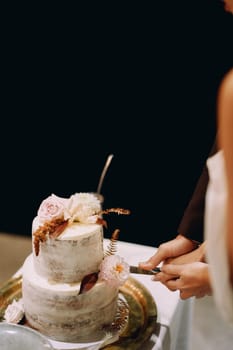 Bride and groom cut the wedding cake together. Cropped. Faceless. High quality photo