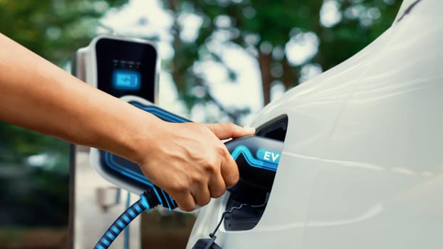 Hand insert EV charger and recharge electric car from charging station on nature and travel concept background. Technological advancement of alternative energy sustainability and EV car. Peruse