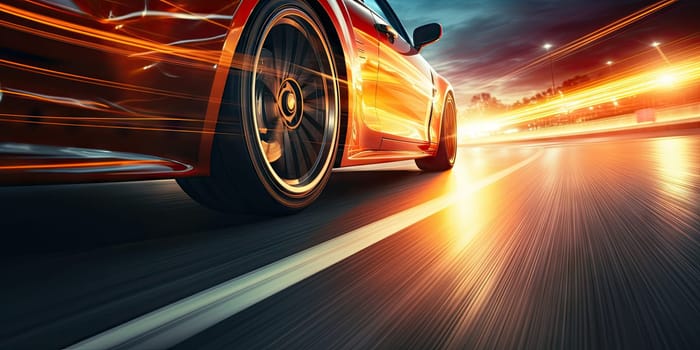 Car wheels close up, Sports car racing on the race track. Generative AI.