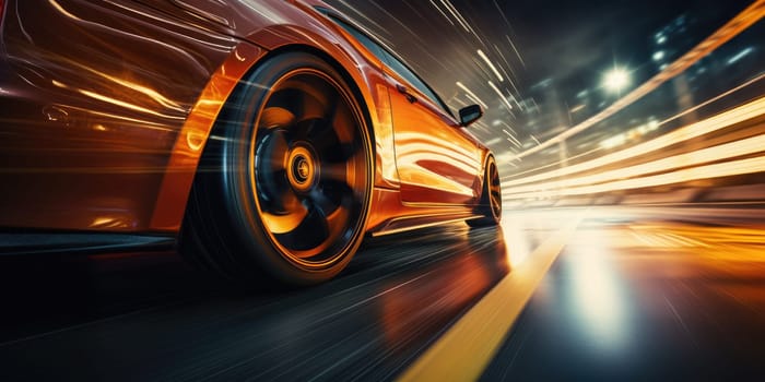 Car wheels close up, Sports car racing on the race track. Generative AI.