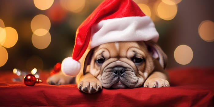 Adorable dog wearing Santa hats at room decorated for Christmas comeliness