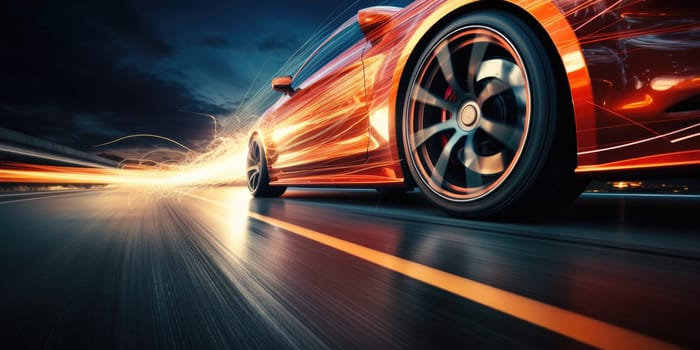 Car wheels close up, Sports car racing on the race track. Generative AI.