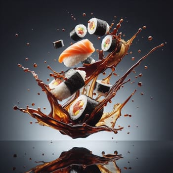 fly sushi roll sashimi japan food and ingredients soy sauce splash, stick, concept illustration generative ai art