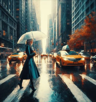 business bossy elegant fit woman using umbrella wearing tailleur , under heavy rain in New York City among taxis and traffic crossing street painting, warm tones, ai generated