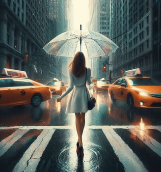 business bossy elegant fit woman using umbrella wearing tailleur , under heavy rain in New York City among taxis and traffic crossing street painting, warm tones, ai generated